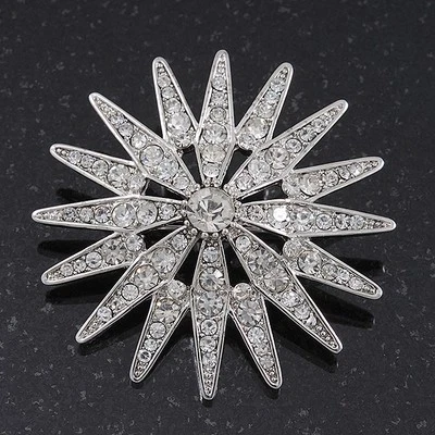 Broche ""Estrella"" de cristal transparente en chapado en plata - 4,5 cm de diámetro Foto 1 de 4