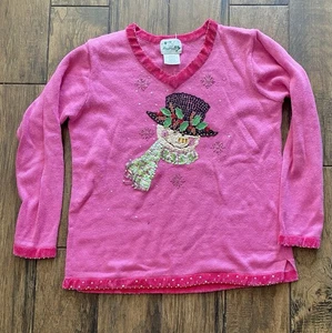Vintage Quacker Factory Sweater Christmas Pink Snowman Sequins medium - Picture 1 of 5