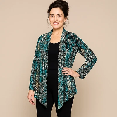 CHICO'S 0=S Teal Black Cream Textured Draped Front Stretch Cover-Up Jacket - Image 1 of 4