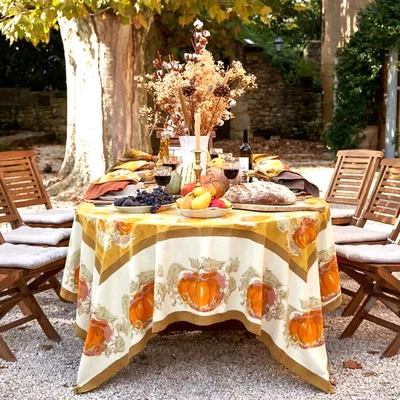 NEW other COULEUR NATURE Pumpkin 100% Cotton Hand Blocked 71x71 " Tablecloth - Image 1 of 4