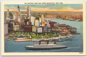 Postal de lino vintage de Battery Park y Lower Manhattan de Nueva York - Imagen 1 de 2