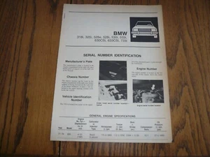 BMW 318i 320i 528e 528i 530i 533i 630CSi 633CSi 733i páginas de servicio e identificación vintage - Imagen 1 de 10