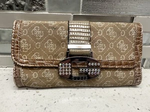 GUESS BEIGE CANVAS/ LEATHER CANCAS MONOGRAMMED Tri-fold WALLET w/ Rhinestones - Picture 1 of 5
