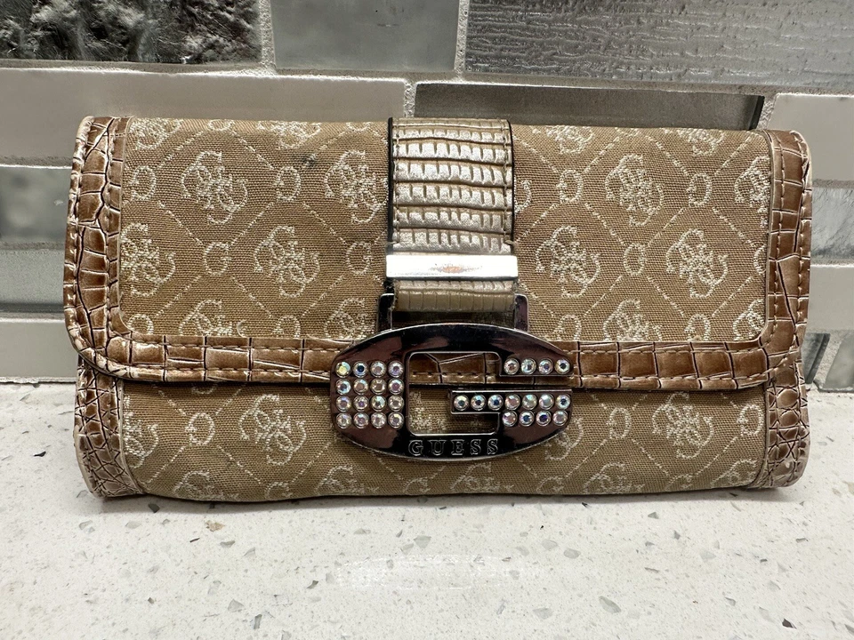 GUESS BEIGE CANVAS/ LEATHER CANCAS MONOGRAMMED Tri-fold WALLET w/ Rhinestones - Image 1 of 4