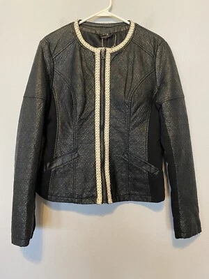 PAPARAZZI by Biz faux leather moto style jacket Medium Black w/Crocheted Trim - Image 1 of 4