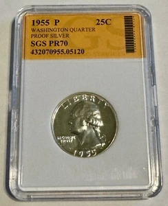 1955 SGS PF70 90% SILVER PROOF WASHINGTON QUARTER GREAT EYE APPEAL 25c - Picture 1 of 3
