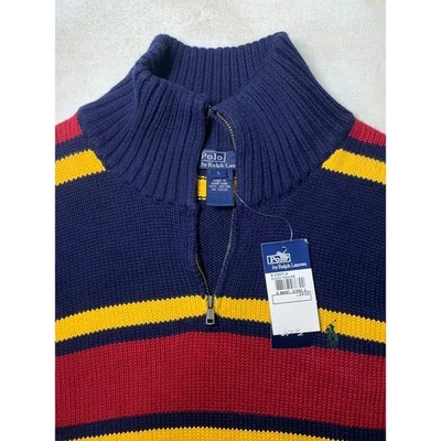 Suéter Polo Ralph Lauren Niños L Rayas Cuarto Cremallera Vintage Años 90 Azul Marino Rojo Amarillo Foto 1 de 4