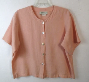 Vintage Orvis 100% Linen Peach Cropped Short Sleeve Shirt Sz L F-56 - Picture 1 of 7