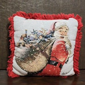 TOM NEWSOM Christmas TAPESTRY THROW PILLOW Fringe Santa with Sac Of Toys 14"×14" - Imagen 1 de 9