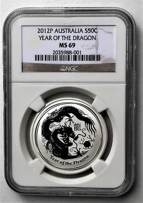 2012 P AUSTRALIA YEAR OF THE DRAGON 50 CENT SILVER COIN - NGC MS69 NGC #001 - Image 1 of 4