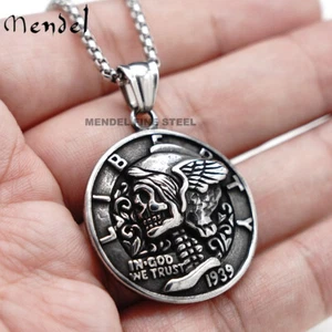 MENDEL Gothic Mens Stainless Steel Coin Biker Skull Punk Pendant Necklace Men - Picture 1 of 8