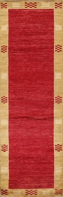 Bordered Modern Gabbeh Kashkoli Oriental RED Runner Rug Hand-knotted 3x9 Carpet - Image 1 of 4
