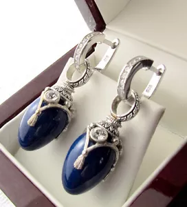 SALE ! EARRINGS STERLING SILVER 925 with GENUINE LAPIS and ENAMEL - Picture 1 of 1