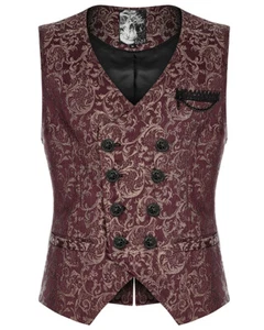 Punk Rave Mens Dark Gothic Aristocrat Chained Waistcoat Vest - Red Jacquard - Picture 1 of 13