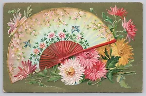 Greetings Postcard Big Fan Floral Textured Background Posted 1911 - Picture 1 of 2