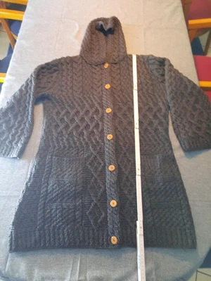 🩶 Irland Traumhafte Anthrazit Strickjacke 46 48 44 50 Aran Kapuze Lang Weit XXL - Bild 1 von 4