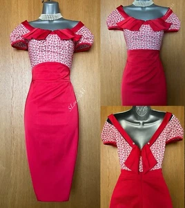 Karen Millen UK 8 Red Ivory Embroidered Pleated Neck Cocktail Party Pencil Dress - Picture 1 of 9