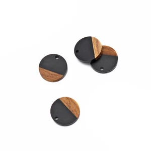 4 Round Natural Wood and Black Resin Charms 18mm - WP070 - Picture 1 of 2