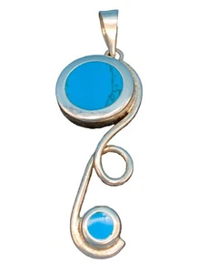 VINTAGE STERLING SILVER 925 TURQUOISE Mexican PENDANT SLIDE SCROLL - Picture 1 of 7