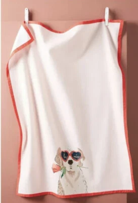 Anthropologie Dish Towel Be Mine Amy Heitman Puppy Love Dog Valentine Dishtowel - Image 1 of 4