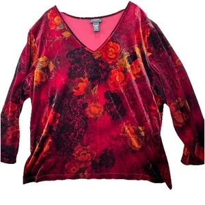 Avenue Plus Size 22/24 Velvet Too Boho Long Sleeve Red Dark Romantic Floral - Picture 1 of 12