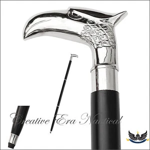 SOLID BRASS VICTORIA CANE SILVER NICKEL EAGLE HANDLE BLACK HARDWOOD WALKING CANE - Picture 1 of 4
