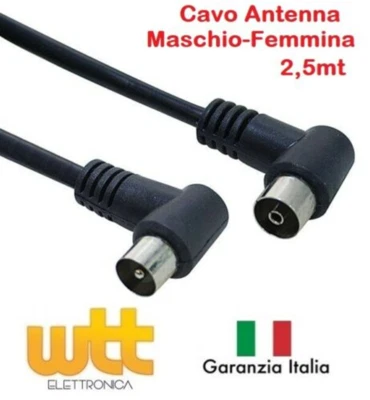 Cavo antenna TV spina maschio presa femmina 90° da 2 metri nero prolunga antenna - Immagine 1 di 2