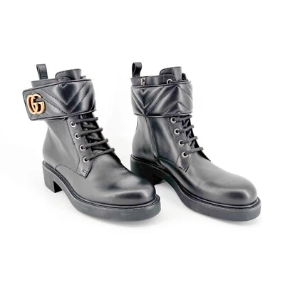 Gucci Marmont GG Combat Boot Size 37 US 7 Black Lace Up Quilted Ankle Biker Logo - Image 1 of 4