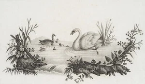 Tierdarstellung mit Schwan und Enten im Teich, Bleistift Unbekannt (19.Jhd) - Bild 1 von 5