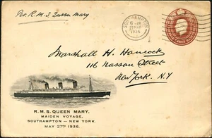 1936 Reino Unido Queen Mary Maiden cubierta de viaje a Nueva York, buen estado - Imagen 1 de 1
