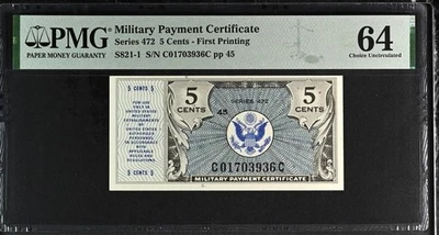 US Military Payment Certificate 5 Cents PMG 64 UNC Series 472 P#S821-1 - Image 1 of 2