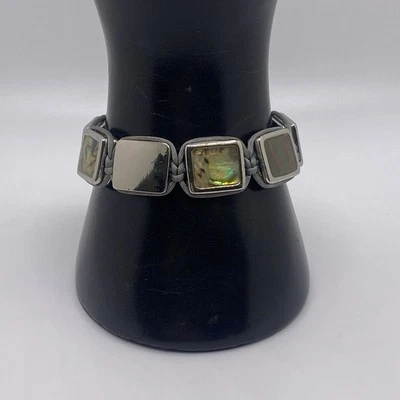 Pulsera ajustable con incrustaciones de concha de abulón reversible tono plata estrás Foto 1 de 4
