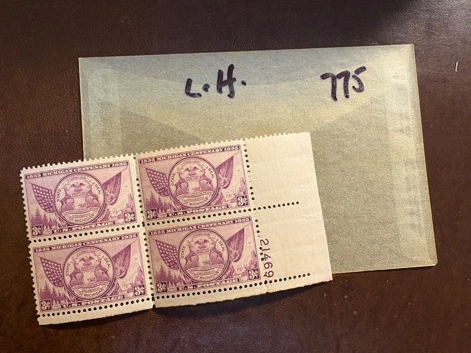 U. s. Stamp plate block 775 - Michigan Centenary  -LIGHTLY HINGED - Image 1 of 1