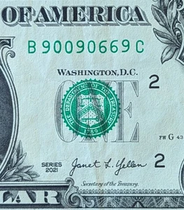 2021 $1 dollar bill fancy serial, trinary flipper note B 90090669 C - Picture 1 of 3
