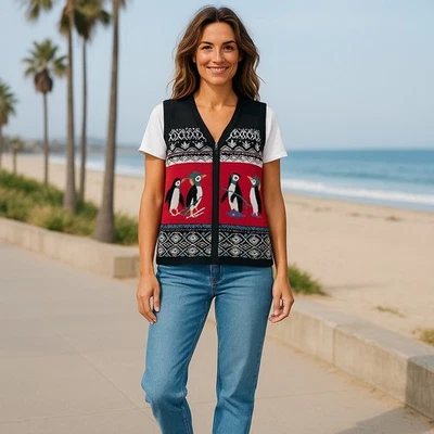 Suéter Chaleco Vintage Pingüinos Esquí Patinaje sobre Hielo Red Cremallera Frontal Mediano NUEVO Foto 1 de 4