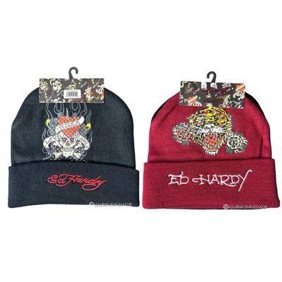 Ed Hardy Unisex Red Black Skull Rhinestones Beanie Hat 2-Pc Set One Size NWT - Image 1 of 4