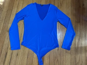 Express Conture Bodysuit Women’s Cobalt Blue Satin V Neck Long Sleeve - Picture 1 of 8