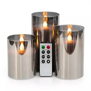 Metallic Mirrored Glass Flicker LED Flameless Candle 3-Pack 4" 5" 6" w/ Remote - Picture 1 of 6