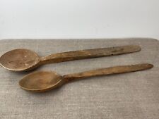 Antique Set of 2 Wooden Large Spoons Hand Carved Wood Peasant Primitive Rustic