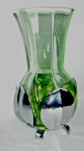 Vintage MCM Swedish Glass & Silver Petal Flower Bud Vase Green Made In Sweden - Picture 1 of 9