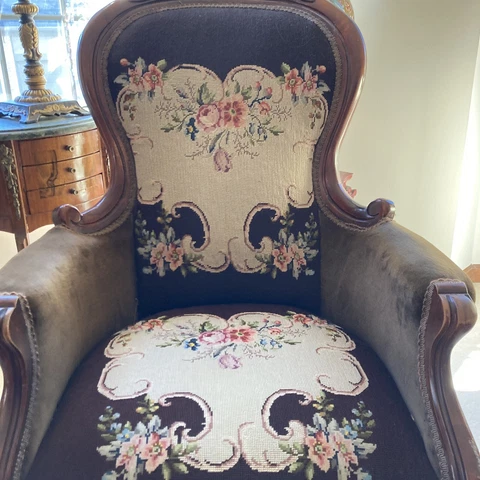 Antique Victorian Grandfather Custom Carved Walnut Roses Tapestry Parlor Chair Cover