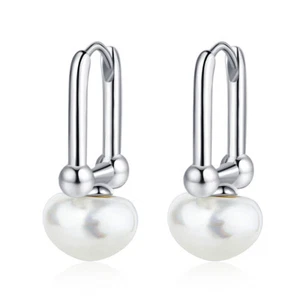 Pendientes de Plata Esterlina 925 Blanco Perla Huggie Aroop Mujer Joyería Fina - Imagen 1 de 4