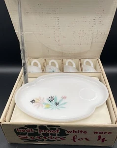 Federal Atomic VTG Flower Milk Glass Patio Snack Set Of 4 MCM 1950’s w/Orig Box - Picture 1 of 19