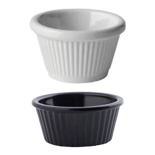 3x 1oz Ramekin Melamine Fluted, White, Black, Relish, Dip Dish