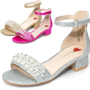 Girls Summer Open Toe Ankle Strap Low Heel Sandals Wedding Party Dress Shoes - Picture 1 of 27