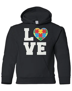 Autism Awareness Love Puzzle Heart Youth Hoodie Sweatshirt Support - Picture 1 of 10