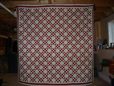 Nice Antique QUILT - Red & White Checberboard Board Pattern & Stitched Clovers