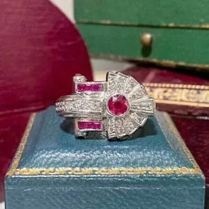 Vintage Art Deco Pink Ruby & Lab Created Diamond Engagement925 Silver Ring - Picture 1 of 6