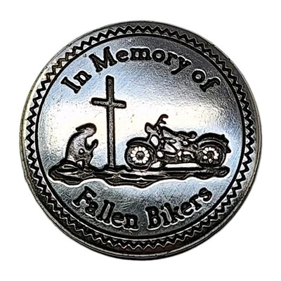 Motorcycle Concho Button "IN MEMORY OF FALLEN BIKERS" Silver Praying Cross Bike - Image 1 of 4