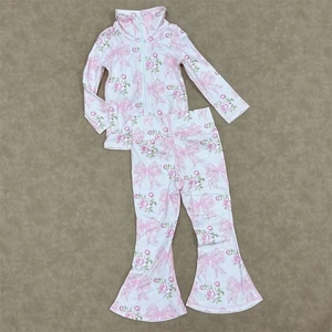 Little Toddler Girls Pink Bow Flowers Print Zippy Pullover Top Bell Pants Set - Picture 1 of 8